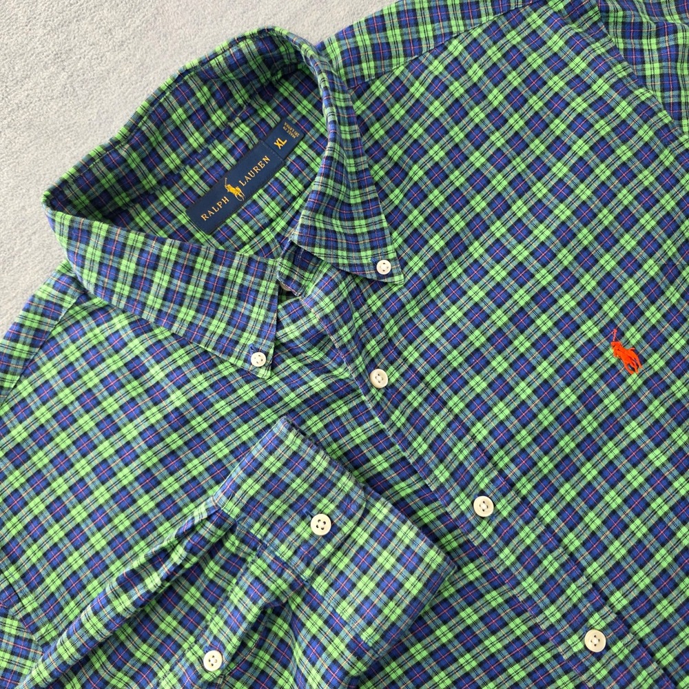 Ralph Lauren Mens XL Plaid Button Down Shirt Green Navy Blue Cotton RN 41381